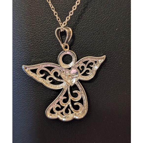 925 Sterling Silver Filigree Angel W/ 10K Yellow Gold Heart Pendant 18" Necklace - Picture 3 of 8